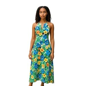 Girls on Film Tropical Floral Maxi Dress Halter Neck Sz 38 EU Green Blue